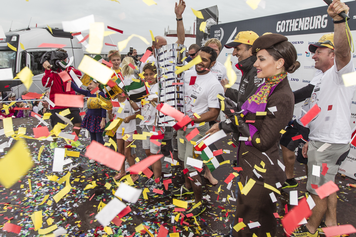 June 27, 2015. Gothenburg, Sweden. Volvo Ocean Race. Village prizegiving. The crew of Abu Dhabi Ocean Racing receive the Volvo Ocean Race trophy for the 2014-2015 edition of the race.